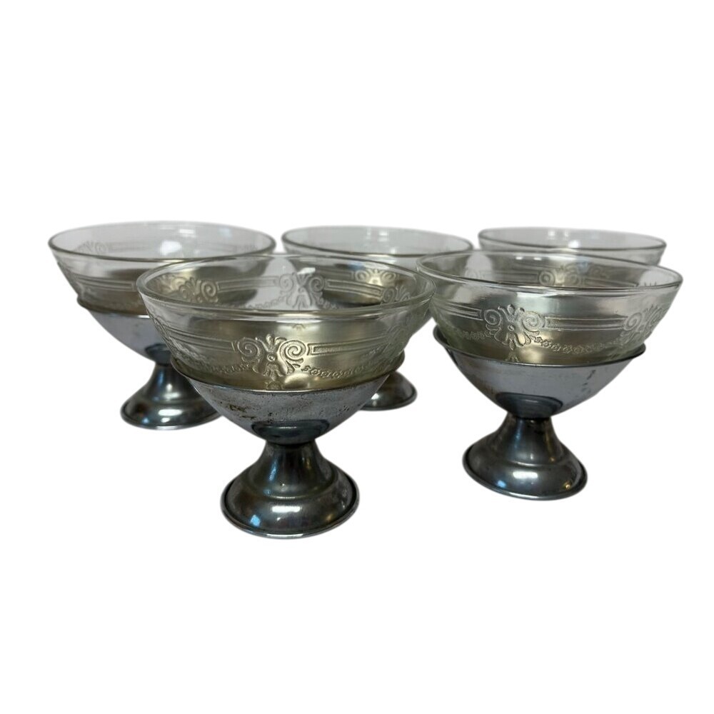 5 VTG Macbeth Evans Etched Glass Chrome Holder‎ Ice Cream Sherbet Dessert Cups